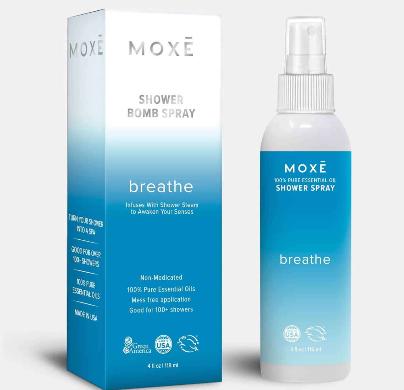 MOXE Breathe Shower Mist, Eucalyptus and Peppermint, Spa Steam Spray, Certified Natural 100% Essential Oils, Made in USA, Aromatherapy, Sinus Congestion Relief, Tension Relief, 4 Ounces (1 Pack)