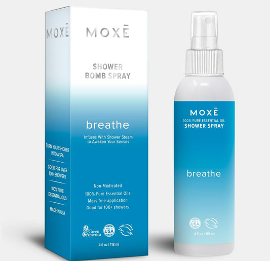 MOXE Breathe Shower Mist, Eucalyptus and Peppermint, Spa Steam Spray, Certified Natural 100% Essential Oils, Made in USA, Aromatherapy, Sinus Congestion Relief, Tension Relief, 4 Ounces (1 Pack)