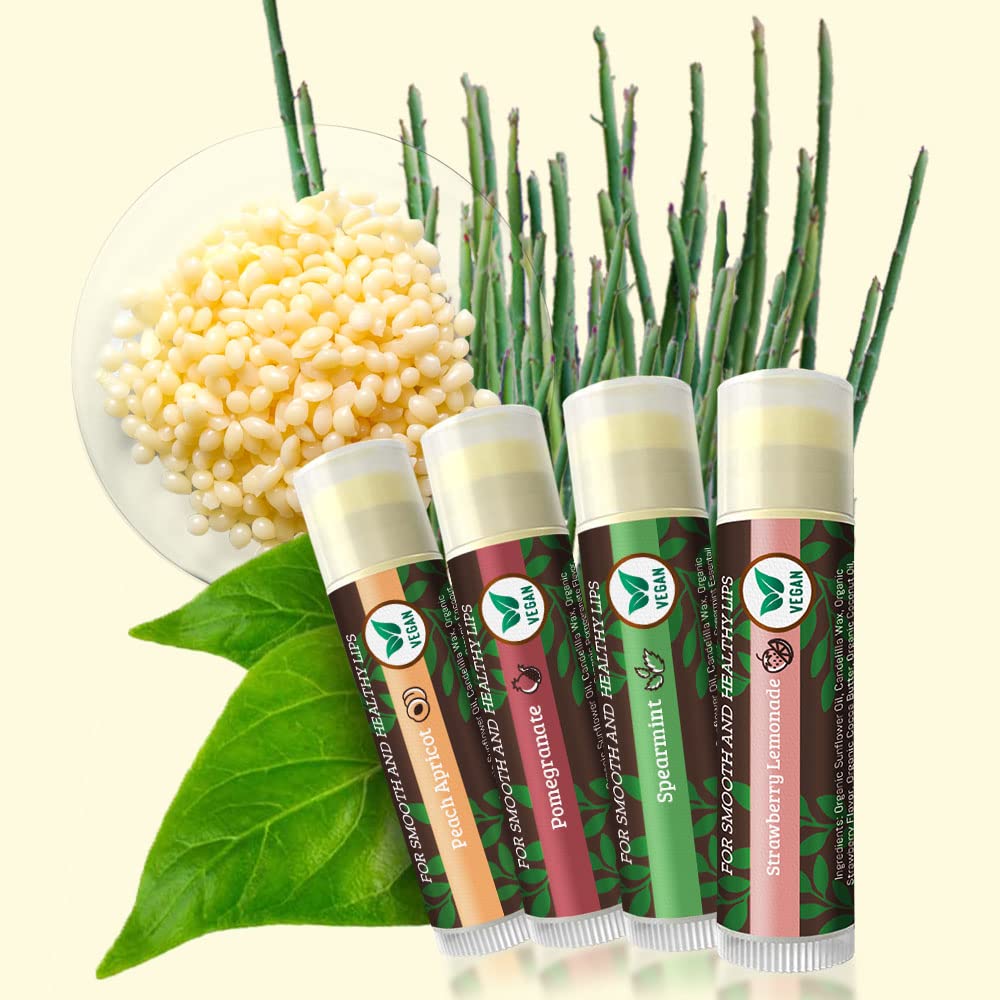 Vegan Lip Balm by Earth’s Daughter, Beeswax Free Lip Balm, Natural, Organic Flavors - 4 Pack of Assorted Flavors, Plant Based Vegan Chapstick, Lip